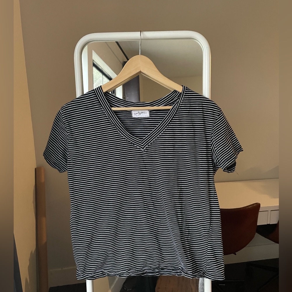 Carly Jean Los Angeles Striped V-Neck Tee, Size Medium
